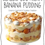 Classic Southern banana pudding with layers of vanilla pudding, bananas, and wafers, topped with whipped cream.