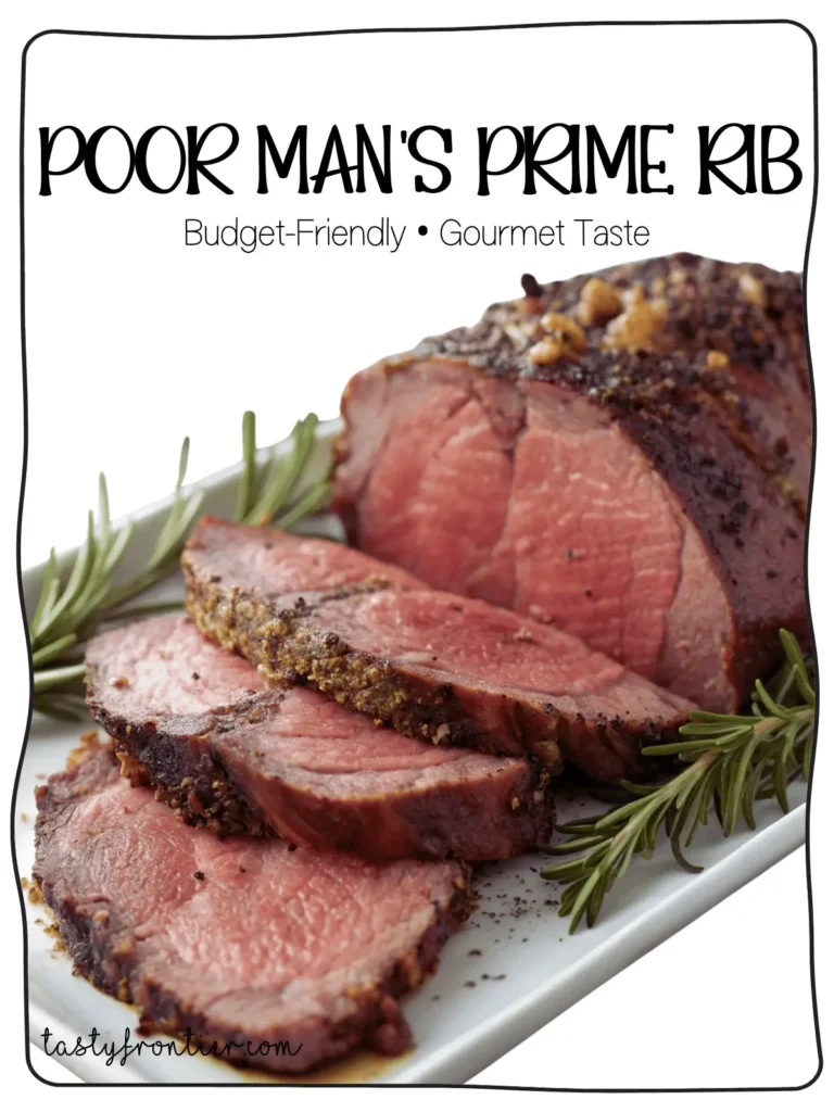 Sliced Poor Man's Prime Rib on a white plate.
